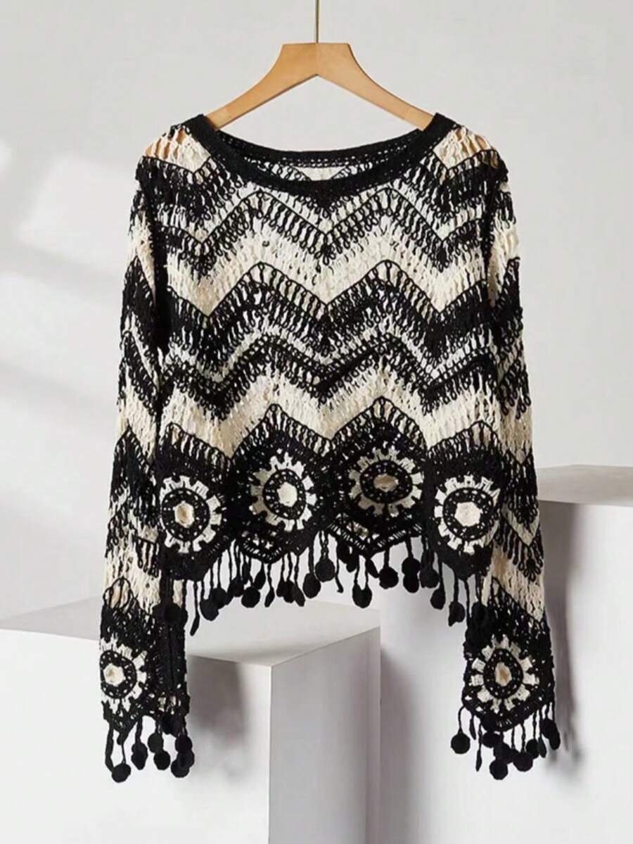 Spring/Summer New Black & White Contrast Wave Crochet Knit Sweater Women, Fringe Hem Round Neck Long Sleeve Lightweight Sheer Cover Up - Black and White - View 1