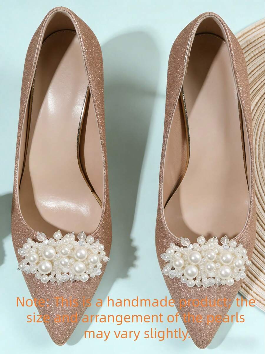 1 par de clips para zapatos con perlas desmontables, hechos a mano, decoraciones para zapatos de novia de temporada de bodas, accesorios para tacones altos - Blanco - Ver 1