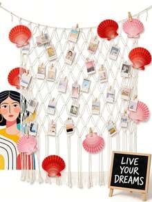 1 Set (Includes 25 Clips) Grid Photo Wall, Photo Display Rack, Photo Frame Collage Board, Ocean Theme Party Decor Fishing Net Photo Props, Dorm Decor Essential, Mediterranean Style Fishing Net Wall Hanging (LED Light Strips Not Included) - Multicolor - View 10