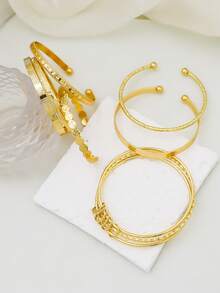 7pcs European And American Style Bracelet Set, Including Hammered, Arrow, Floral, Exaggerated Hexagon Designs, Rotatable And Openable Bracelet Jewelry Gift - Yellow Gold - View 4