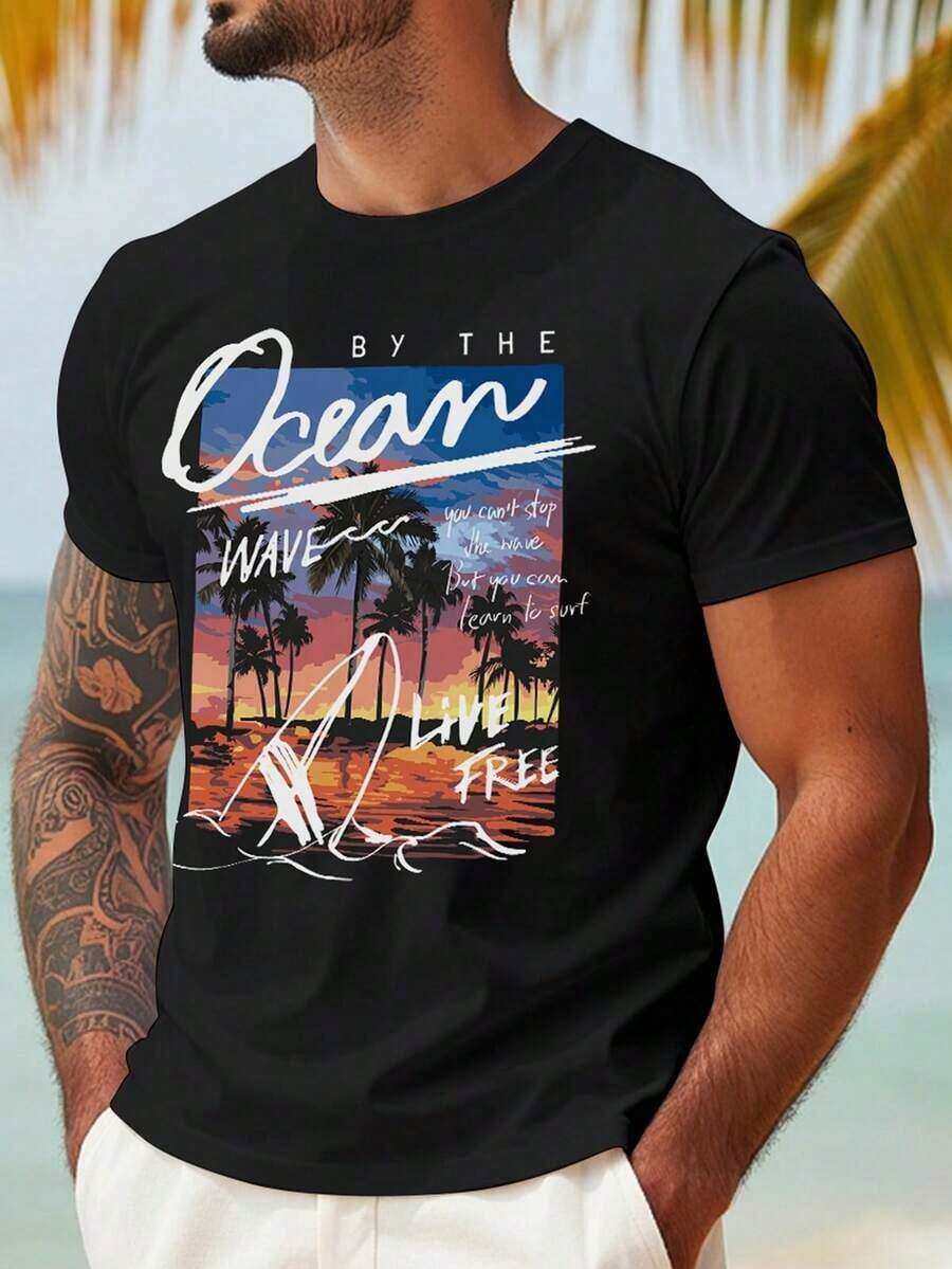 Frete grátis para este item. Camiseta masculina de manga curta VIVINTIMO, tamanho padrão, estampa gráfica moderna e casual, grafite, coqueiro, paisagem e letras, ideal para o verão, férias ao ar livre, praia, cidade, saídas, festas, uma peça essencial para combinar com tudo, adequada para casais e famílias, camiseta com estampa de coqueiro, camiseta masculina para praia. Item de . - Preto - Ver 1
