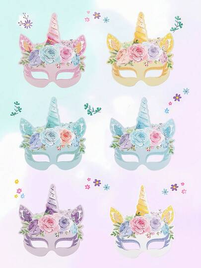 12pcs Unicorn Themed Party Paper Masks, 6 Styles Rainbow Unicorn Paper Face Masks, Floral Unicorn Paper Masks For Kids, Magical Unicorn Theme Birthday Party Favors Photo Booth Props For Girls, Perfect Party Decoration, Small Gift, Baby Shower Gender Reveal Party Decoration