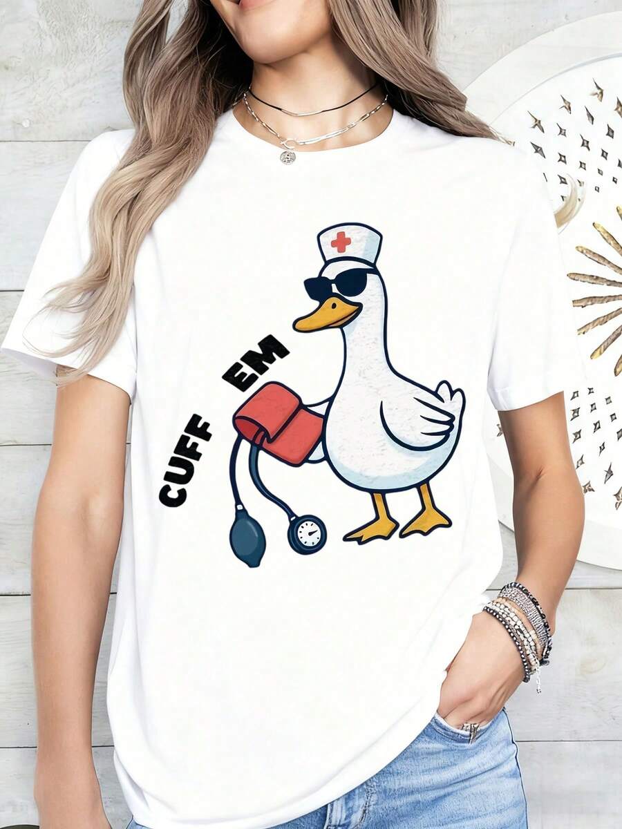 Duck Nurse Cuff Em T-Shirt Funny Medical Cartoon Animal Shirt For Women Men Unisex Casual Wear Gift Idea For Nurses Doctors Healthcare Workers Birthday Christmas Holiday Present,220g - 白色 - 查看 1
