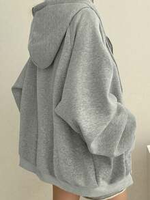 Women's Solid Color Raglan Sleeve Long Sleeve Casual Loose Drawstring Fleece Hoodie, Autumn/Winter - Light Grey - View 3