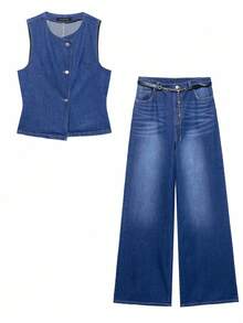 DEEKA 夏季新款女士休闲时尚简约牛仔吊带背心配腰带及阔腿牛仔裤套装 - 藍色 - 查看 7