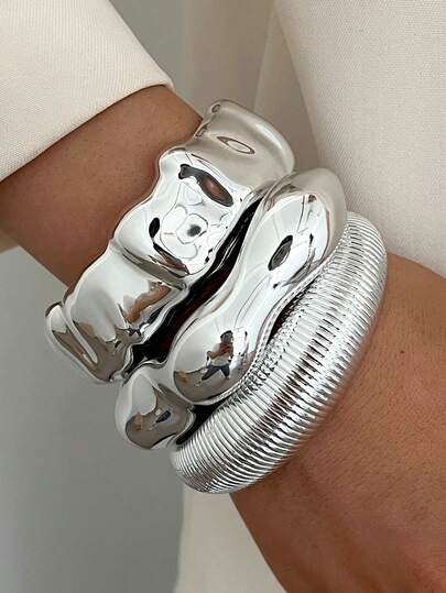 3pcs Vintage Elegant Bohemian Style CCB Lightweight Silver Open Bangle Bracelets, Featuring Ruffle Wave & Asymmetrical Geometric Design, Suitable For Daily, Vacation, Party, Wedding Wear