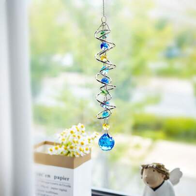 Molinillo de viento solar de 20.5 pulgadas, creador de arcoíris espiral dual con bola de cristal azul aguamarina y cadena, decoración de cristal de vidrio, estilo clásico de carillón de viento, adecuado para decoración de jardín y hogar tanto en interiores como exteriores
