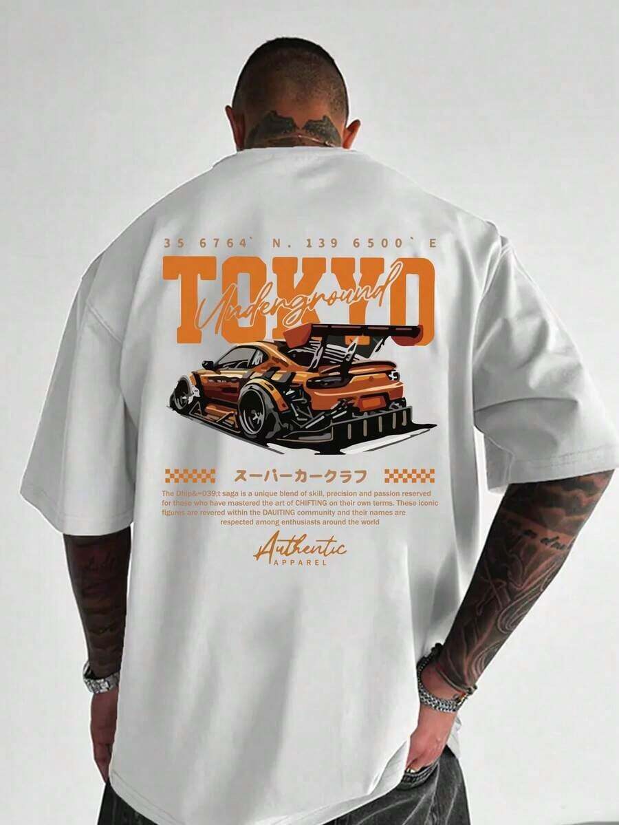 Camiseta informal de manga corta, cuello redondo, estampado de letras de carreras, talla grande para hombre. - Blanco - Ver 1