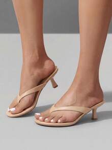 Women Kitten Heel Thong Heeled Sandals Comfortable Open Toe Slip On Summer Sandals - Màu be - Xem 3