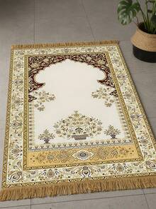 1pc Beige & Brown Patterned Blanket, Bohemian Style Throw Blanket, Tasseled Decorative Mat - Multicolor - View 2