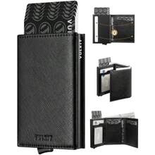 VULKIT Portatarjetas de crédito con compartimento para billetes bloqueo RFID portafolios de piel desplegable con ventana de identificación Negro Cruzado - Cruzado Negro - Ver 1