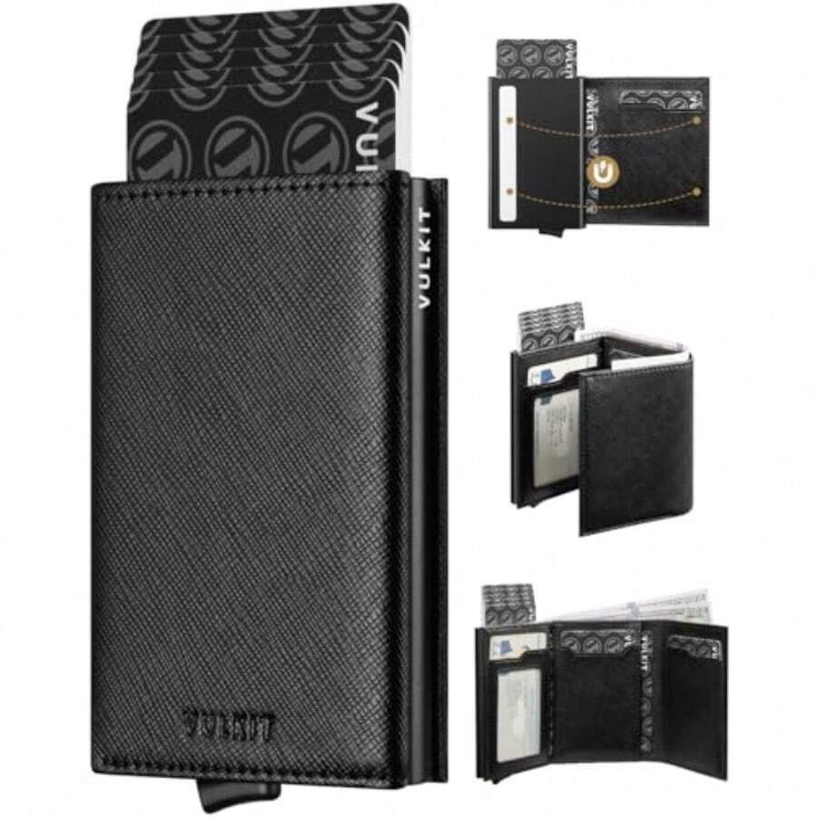 VULKIT Portatarjetas de crédito con compartimento para billetes bloqueo RFID portafolios de piel desplegable con ventana de identificación Negro Cruzado - Cruzado Negro - Ver 1
