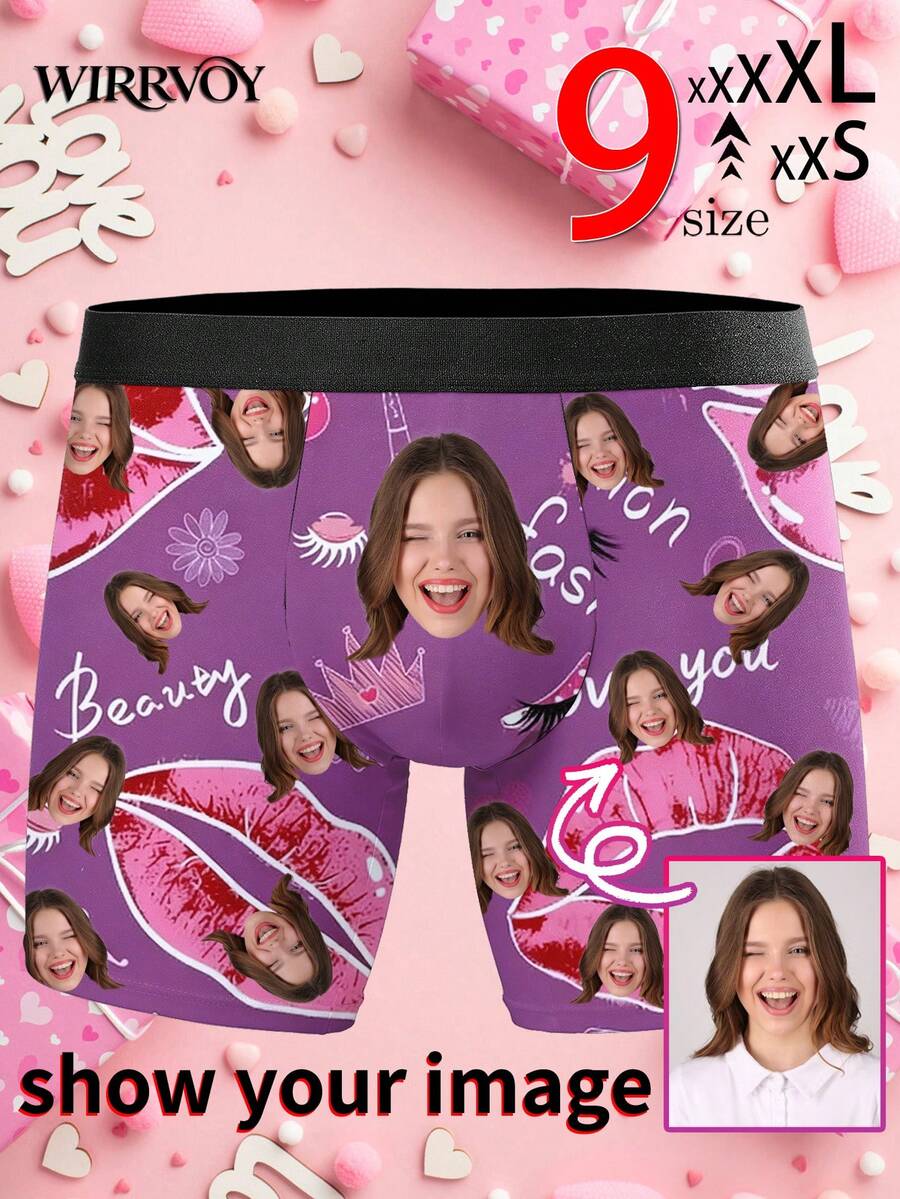 1pc Customized Boxer Briefs For Men, Personalized Photo Print Underwear With Purple Lips, Crown & Delicate Text Design, Husband's Exclusive Custom Boxer Briefs, Funny Expression Custom Boxer Briefs, Fashionable, Romantic, Comfortable & Unique, Ideal Valentine's Day, Anniversary, Birthday, Wedding, Mother's Day, Father's Day Gift For Boyfriend, Husband, Him - Black - View 1