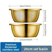 2pcs Stainless Steel Kitchen Set - Includes Thick Multi-Function Colander And Steamer Basket, Suitable For Rinsing Rice, Fruits, Pasta, Soup Pot And Whisk | Dishwasher , Anti-Rust, Space-Saving Design - Golden Drain Net - View 14