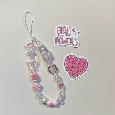 1Pc Soft Pink Sakura Flower Metal Heart CCD Camera Wrist Strap DIY Beaded Phone Lanyard, Phone Case Charm.