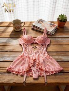 Valentine's Day Navy Blue Lace Sheer Mesh Bodysuit Cutout Waist Cincher With Garter Straps Gift For Her - 粉色 - 查看 9