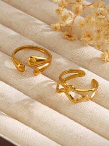 5pcs Stainless Steel Minimalist Geometric Line Open Rings, Suitable For Women's Daily Wear - Gold - View 5