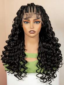 24英寸波浪卷蕾丝前假发，女士款 - 自然卷曲合成发际线，预先拔毛的13x6蕾丝，耐热纤维，适合日常佩戴 | 波浪卷 | 蕾丝前假发，合成蕾丝前假发 - 黑色 - 查看 8