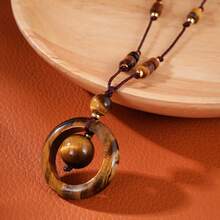 LADi 天然虎眼石与养殖珍珠圈形项链，时尚小众日常配饰 - 棕色 - 查看 6