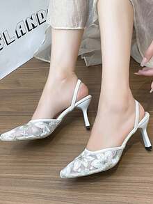 Giày sandal cao gót nữ thời trang ren khoét lỗ mũi kín, kiểu Hàn Quốc mới, mũi nhọn hở gót. - Màu be - Xem 6