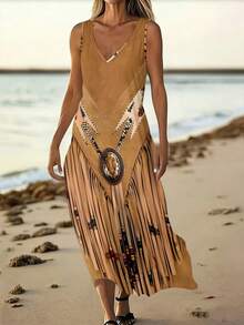 A Women's V-Neck Maxi Dress With Tassel Decoration, Made Of Suede-Like Fabric, Neat V-Neck Design, Tassel Hem Adds A Lively Touch, Suitable For Outdoor Leisure And Western-Style Scenes, Breathable And Casual To Wear In Summer, Ideal As A Travel Souvenir Or Personalized Gift For Friends, Khaki-Toned Tassel Style, Free And Unrestrained. - 彩色 - 查看 3