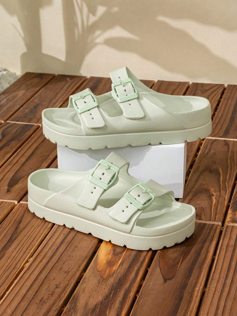 New Fashionable Women Thick Sole Slide Sandals, Non-Slip Soft Strap Outdoor Wear Durable Shock-Absorbing Comfortable Sandals - Green - View 1