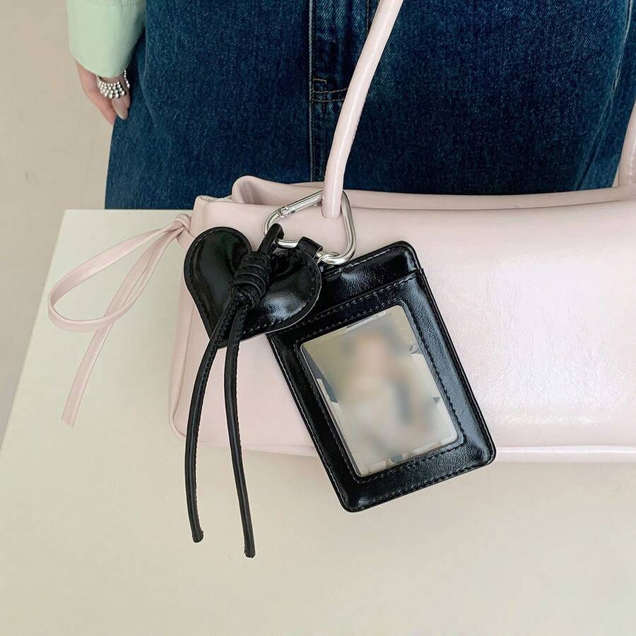 New Heart-Shaped Pendant Slim Leather Card Holder, Suitable For ID, Bus, Campus, Access Cards - Black - View 1