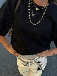 女款春夏 100% 純棉 T 恤，獨特標語印花，休閒運動風，寬鬆大尺碼版型 - 黑色2 - 查看 5