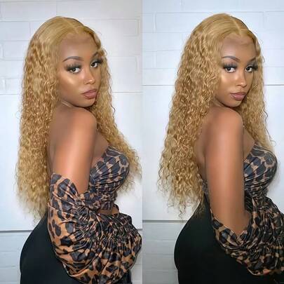 Eulisi Peluca de cabello humano con ondas profundas, color rubio miel, de 26 pulgadas, 13x6 con encaje frontal, densidad del 180%, peluca con encaje frontal rizado color rubio miel, color #27, pre-depilada