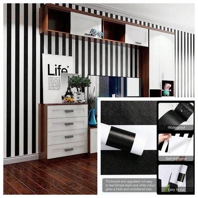 1 Cuộn Giấy Dán Tường Tự Dính Phong Cách Tối Giản Sọc Đen Trắng, Chất Liệu PVC Trang Trí Cho Phòng Khách, Phòng Ngủ, Phòng Tắm, Nhà Bếp, Mặt Bàn, Tấm Chắn Tủ, Dễ Dán & Tháo Gỡ, Kích Thước 17.7inX39.9in/118.1in/196.8in