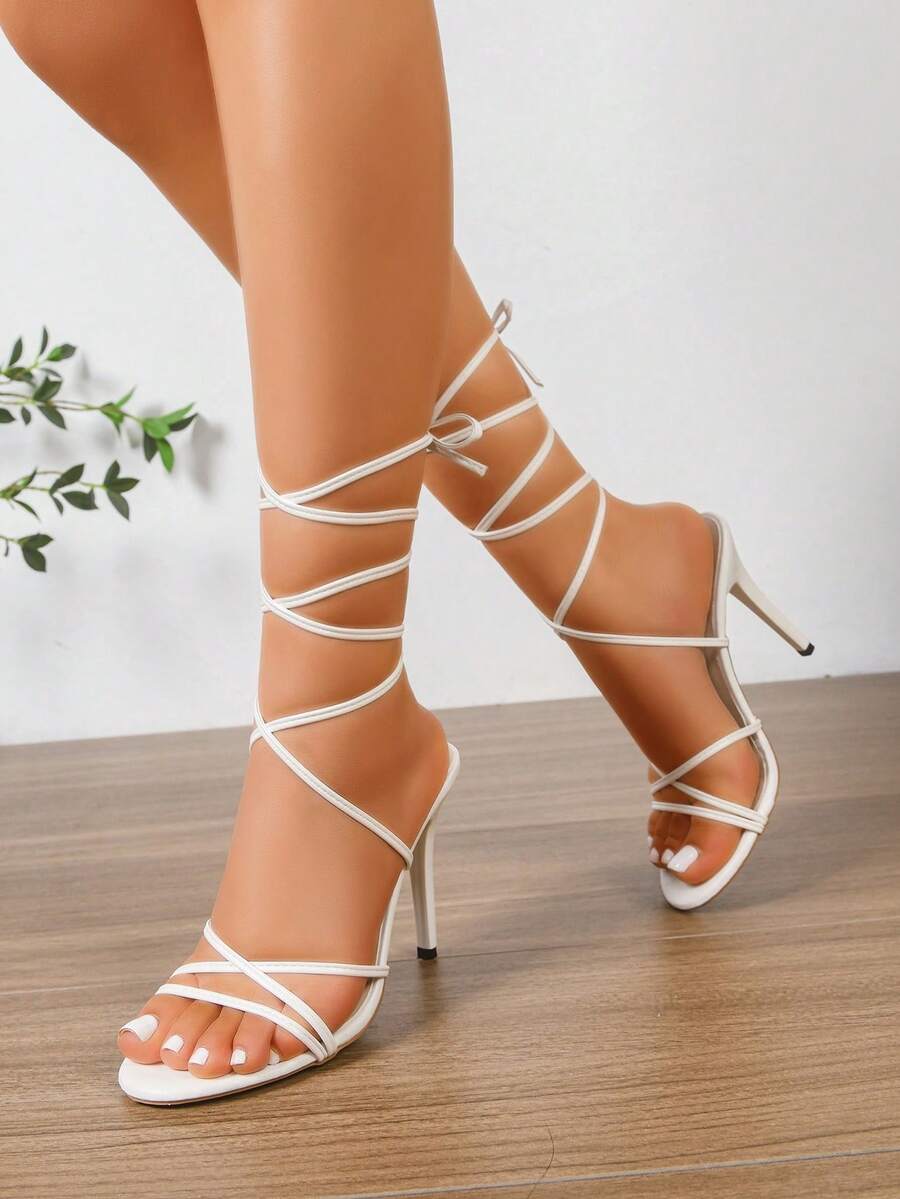 白色綁帶繞踝高跟涼鞋,露趾設計,婚禮賓客、派對穿搭女鞋 - 白色 - 查看 1