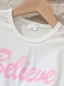 Summer Young Girls Letter Print Bow Short Sleeve T-Shirt And Mesh Princess Style Sweet Skirt Set - Pink - View 5