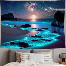 迷人的蓝色海洋与月光：星空海滩夜景挂毯，以满月和蔚蓝海浪为主题，现代布艺挂毯海报，卧室美学装饰，房间旗帜，房间装饰，挂毯，墙面装饰，墙面艺术，家居装饰，房间用品，房间旗帜，挂毯 - 1PC - 查看 3