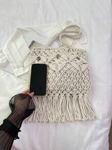 Túi đeo chéo nhỏ dệt thủ công, túi đeo vai dệt mới, phong cách biển độc đáo, đa năng, túi vuông kiểu phong bì, thời trang, phù hợp cho kỳ nghỉ và đi biển. - trắng - Xem 11