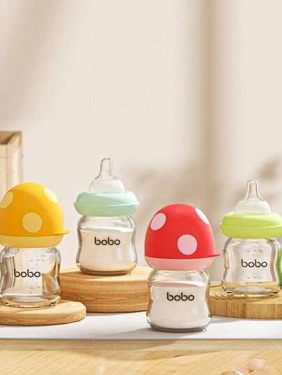 1个100毫升/3.4盎司宽口蘑菇盖玻璃婴儿奶瓶，适合0-3个月新生儿