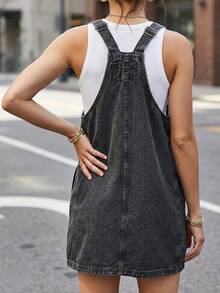 CICILEEDA Women's Casual Sleeveless Denim Pinafore Dress With Straps, Raw Wash Short Length For Everyday Wear - Xám - Xem 5