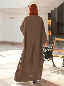 1件時尚極簡純色拼接袖口中東女式開襟長袍洋裝 Abaya - 咖啡棕 - 查看 3