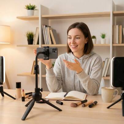 Chân đế điện thoại gấp gọn, di động, xoay 360°, kẹp bằng kim loại ABS màu đen, cao 20-30cm, dành cho người làm video, người phát trực tiếp và quay video.