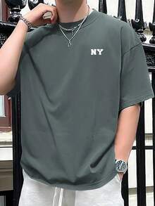 Men's Letter Print Drop Shoulder T-Shirt - Gris - View 12