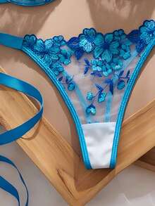 Blue Romantic French Embroidered Lace-Up Sexy Women's 2-Piece Lingerie Set (Including Tie-Up Thong), Perfect Gift For Your Lover - Blue - View 5