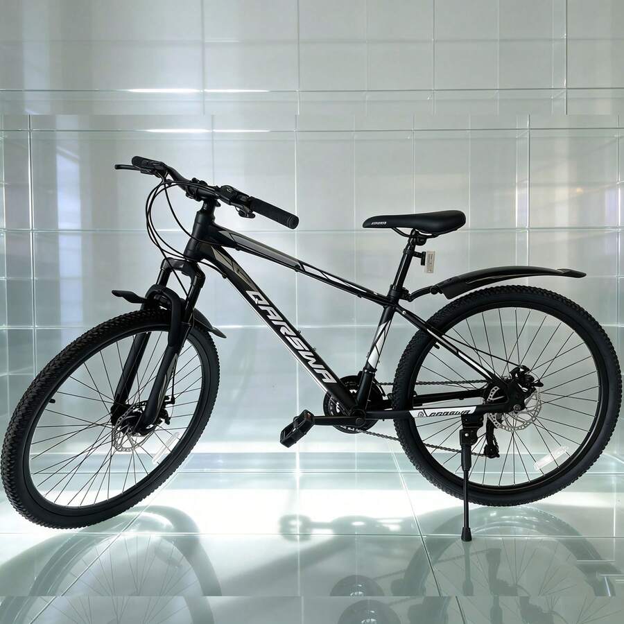 26 Inch Aluminum Mountain Bike, Thickened Suspension Fork, Front & Rear Disc Brakes, 21-Speed Gear System, Adjustable Removable Fenders, Easy Assembly, Ideal For Outdoor Cycling & Commuting For Young Adults - Black and White - View 1