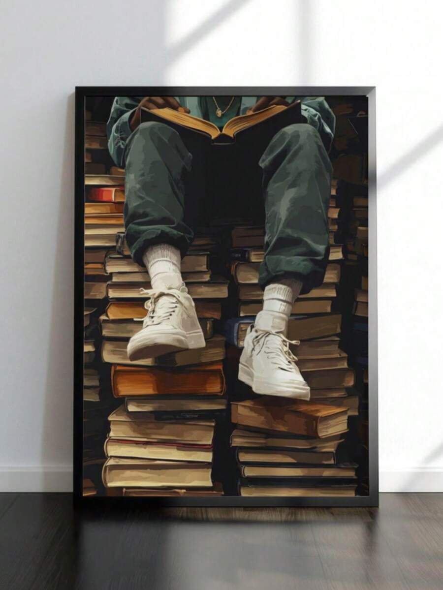 1幅现代书籍主题墙画,学习艺术印刷品,都市运动鞋头像印刷品,书籍艺术墙饰,适用于宿舍、咖啡馆、酒吧、卧室、客厅、厨房家居装饰,仅含画框的帆布墙画 - A - 查看 1