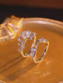 两枚优雅女士戒指，新娘结婚戒指，新颖设计，镶嵌闪亮合成立方氧化锆，结婚订婚周年纪念日生日石戒指，情侣戒指，情人节、母亲节、妇女节送给女性的礼物 - 銀色 - 查看 9