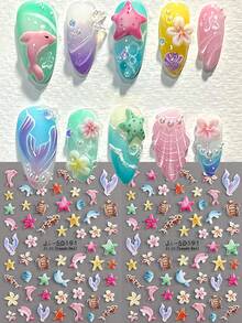 2张5D海洋生物美甲贴纸，包含夏季海豚、海星、海龟、花卉、鱼尾等彩色3D美甲贴花，可爱吸睛的美甲装饰，自粘式美甲贴纸，DIY美甲用品 - 彩色 - 查看 7