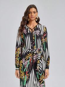 Rich Radi Q's Women's Elegant Long Sleeve V-Neck Regular Fit Striped Blouse, Tropical Design, Suitable For Summer Beach Holiday - Black - View 10