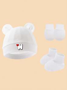 3pcs Baby Cute Bear Ear Hat + Anti-Scratch Mittens + Socks Set, Soft Breathable Newborn Hospital Hat, Love & Letter Print Infant Beanie, Suitable For 0-3 Months Daily Wear - White - View 32