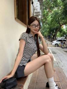 Áo sơ mi nữ mùa hè mới về, kiểu dáng vai thường, kẻ caro, áo kiểu Hàn Quốc ôm dáng. - Màu xanh lam - Xem 9