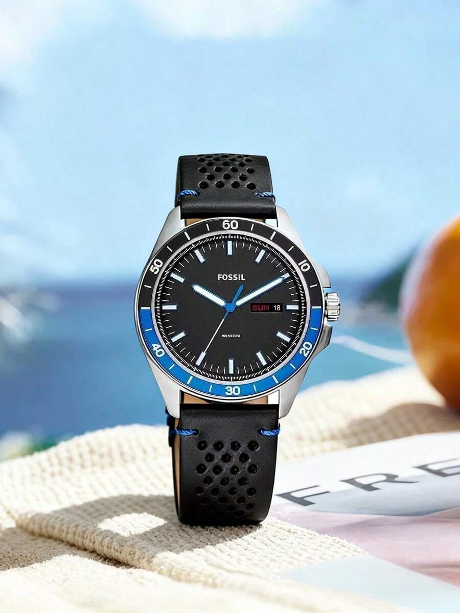 Fossil 男士石英皮革三针腕表，不锈钢表壳/防刮玻璃 FS5321 - 黑色 - 查看 1