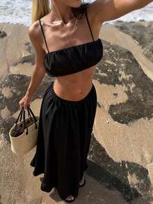 PoPoHouse Women's Elegant Two Pieces Set Sexy Backless Spaghetti Strap Ruched Crop Top Flowy Maxi Skirt For Daily Casual Summer Holiday Beach Vacation Party Going Out Outfit Black Two Pieces Set - Black - View 1