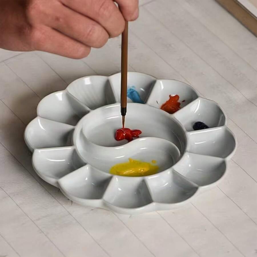 6-Inch High Quality Ceramic Palette, Ceramic Painting Tray, Ceramic Art Tool, 14-Well Art Palette - Durable, Non-Stick, Easy To Clean, Suitable For Watercolor, Acrylic, Oil And Gouache - Palette - View 1